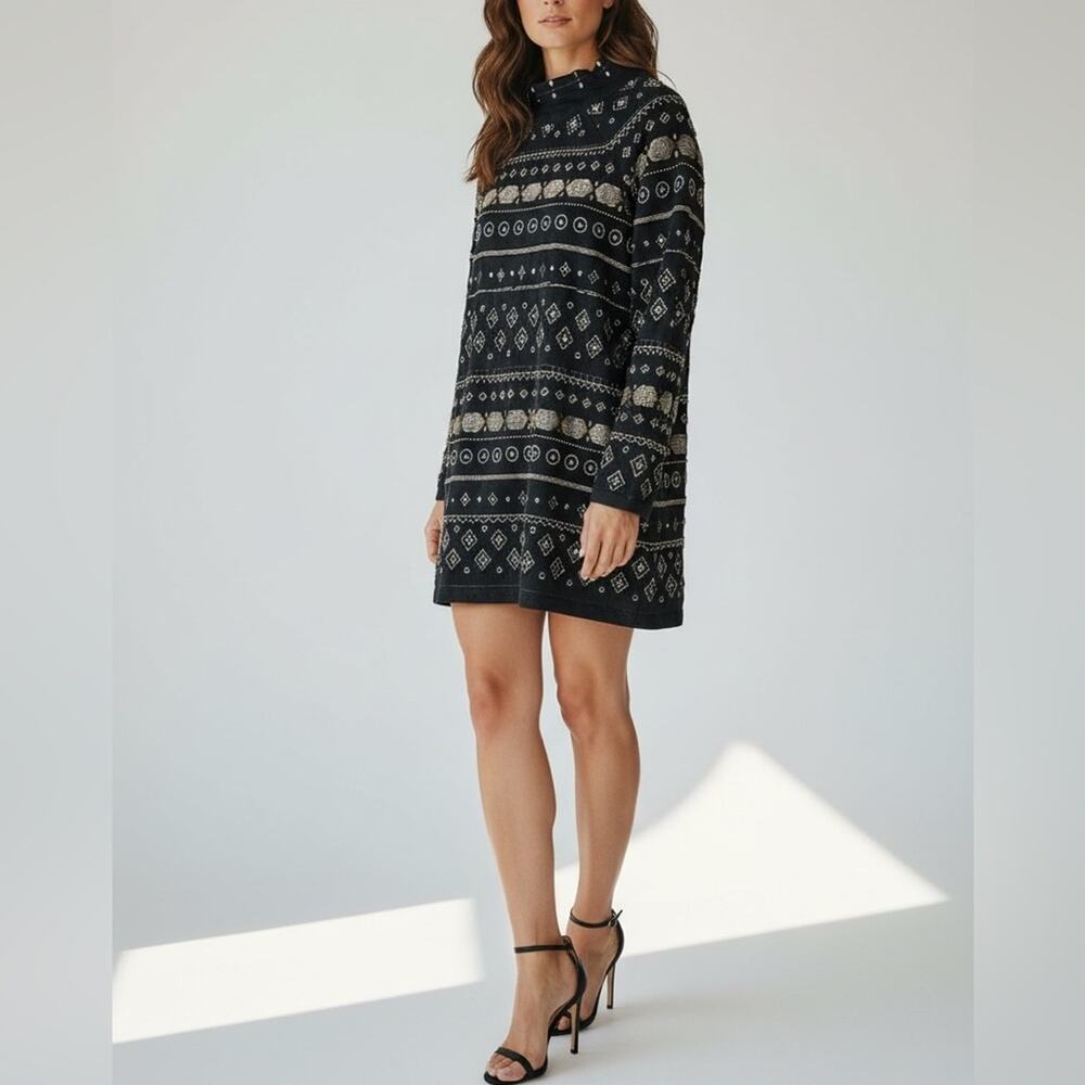 Free People Gold Beaded Long Sleeve Mini Cocktail LBD Dress Small Going Out Boho